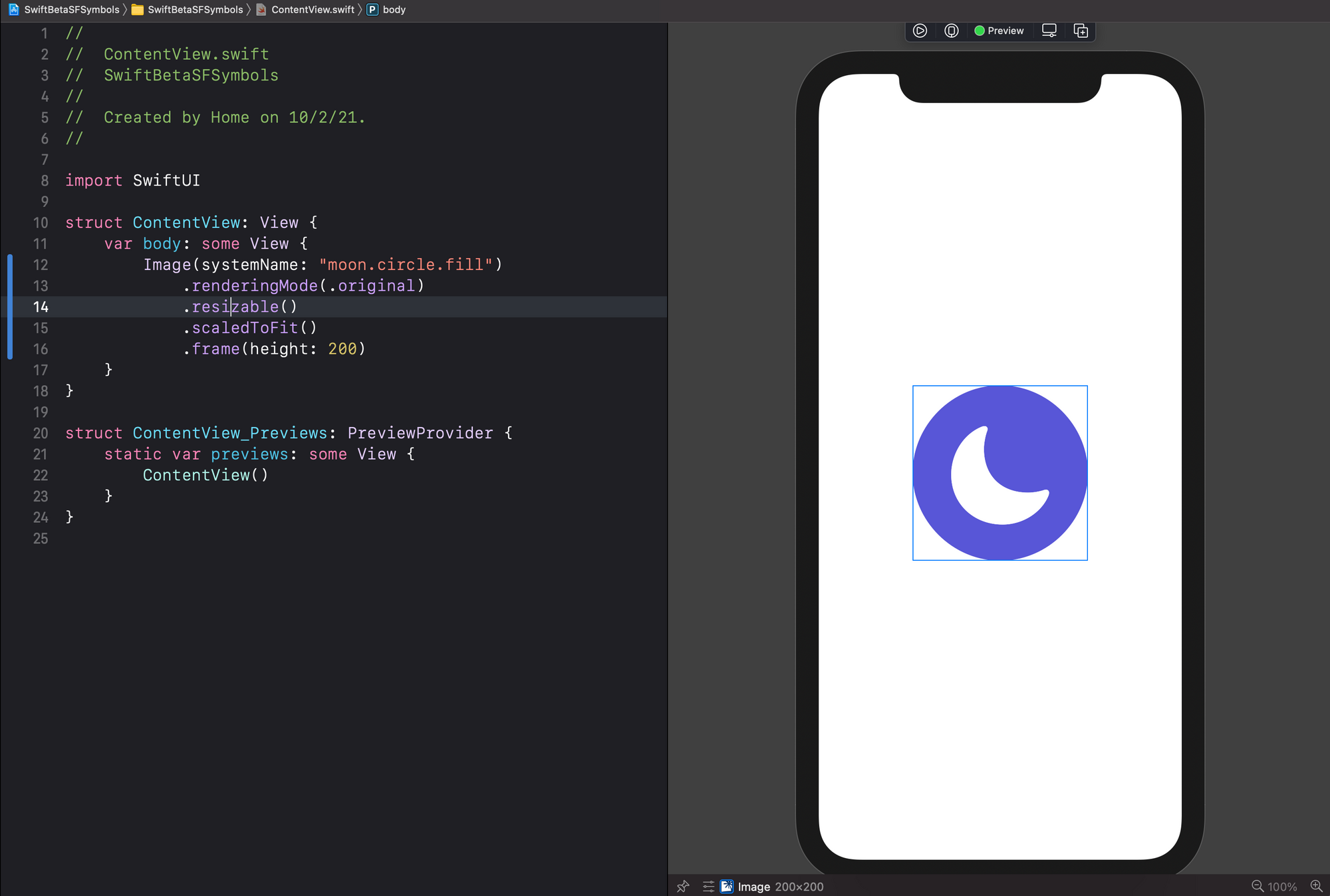 Xcode mostrando un icono de SF Symbols 2.0 en SwiftUI