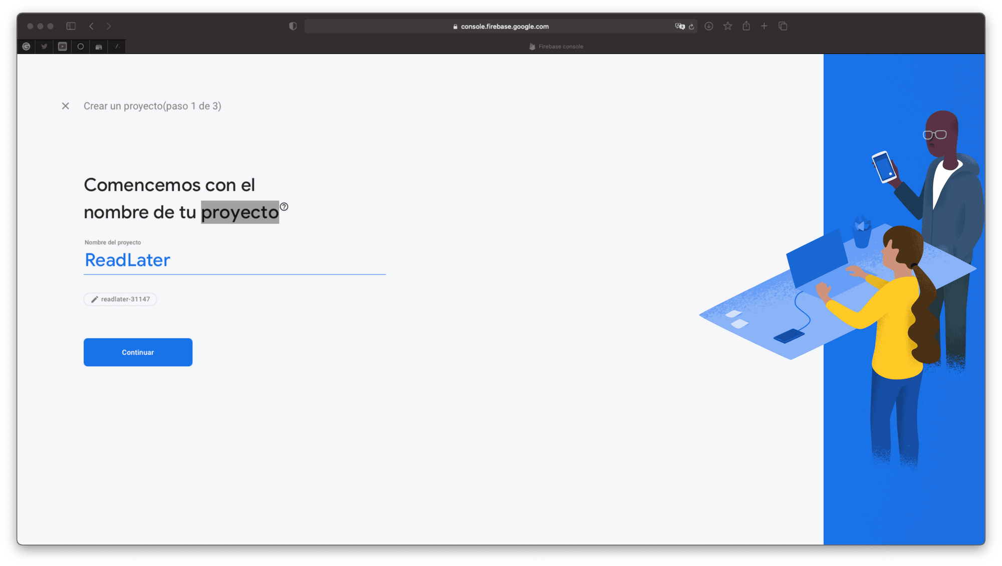 Creamos el proyecto en Firebase, el primer paso es añadir el nombre