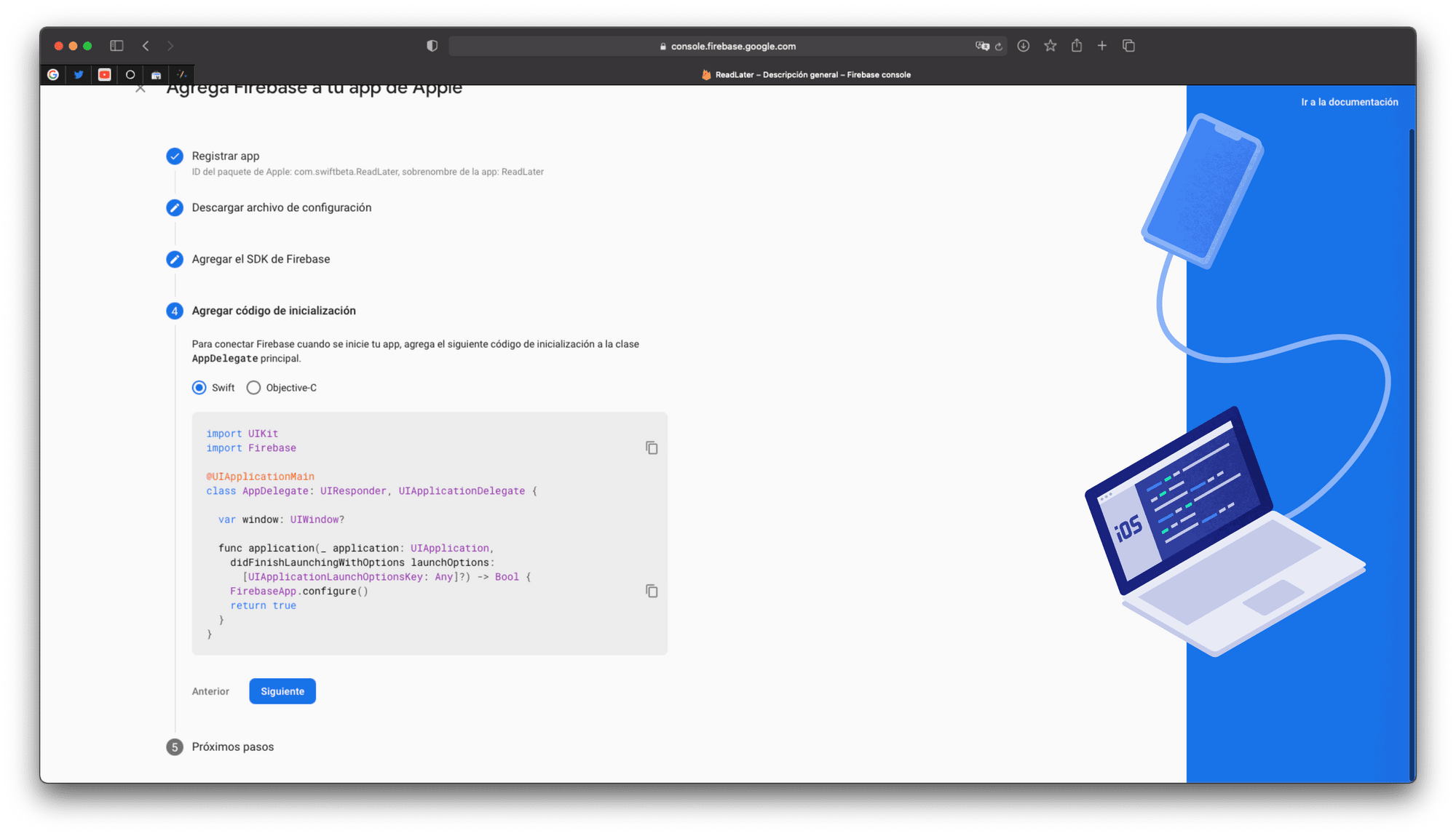 Seguimos con los pasos de Firebase para integrar su SDK en nuestra app de Xcode