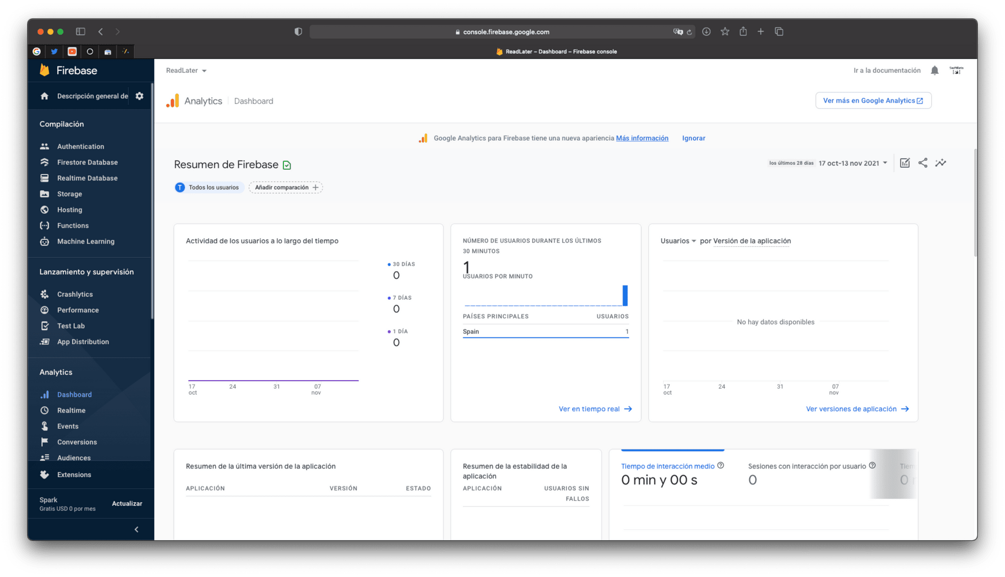 En la sección de Analytics pulsamos en Realtime para ver como la integración ha funcionado perfectamente