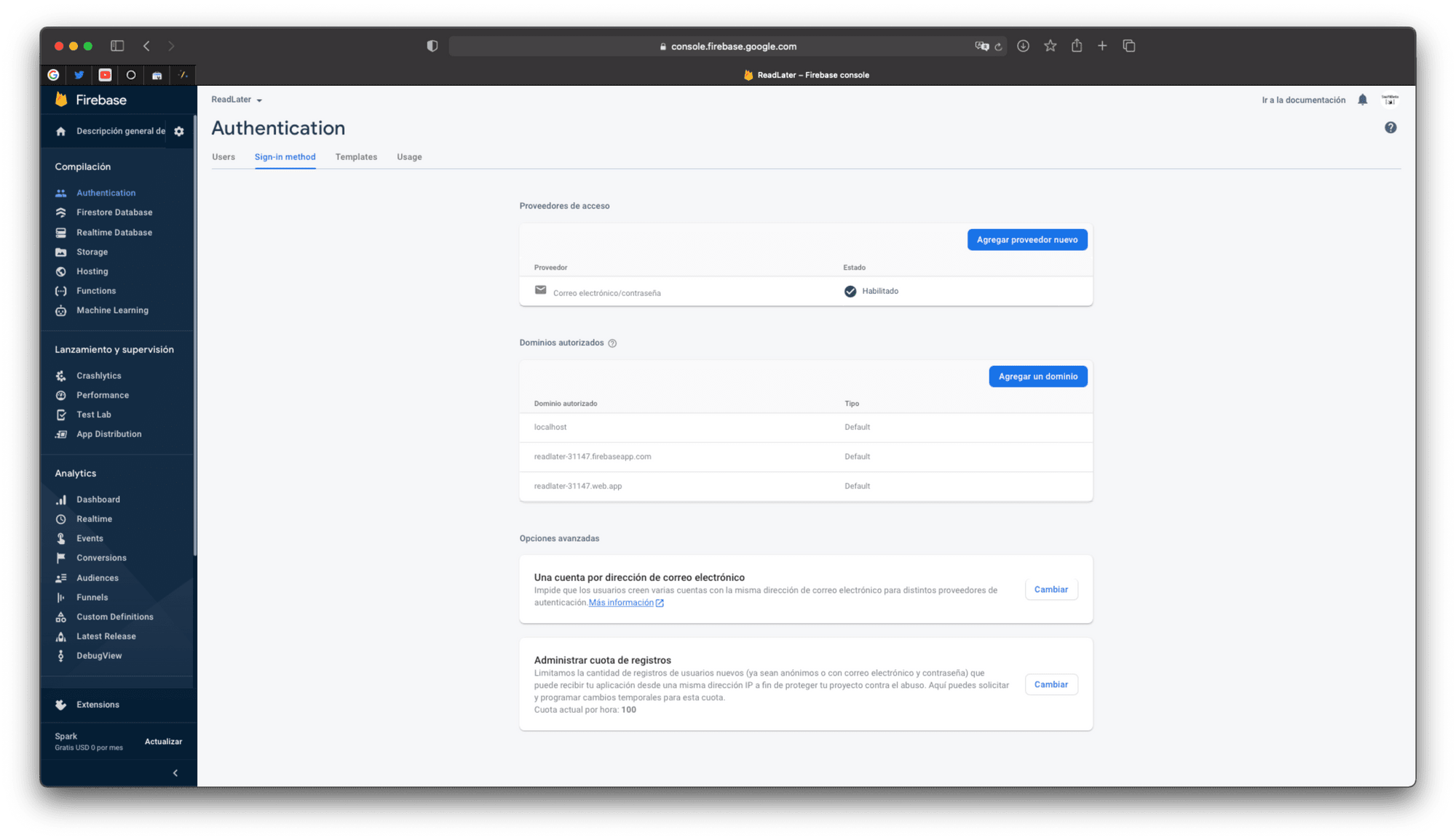 Nuevo proveedor de autenticación habilitado en Firebase