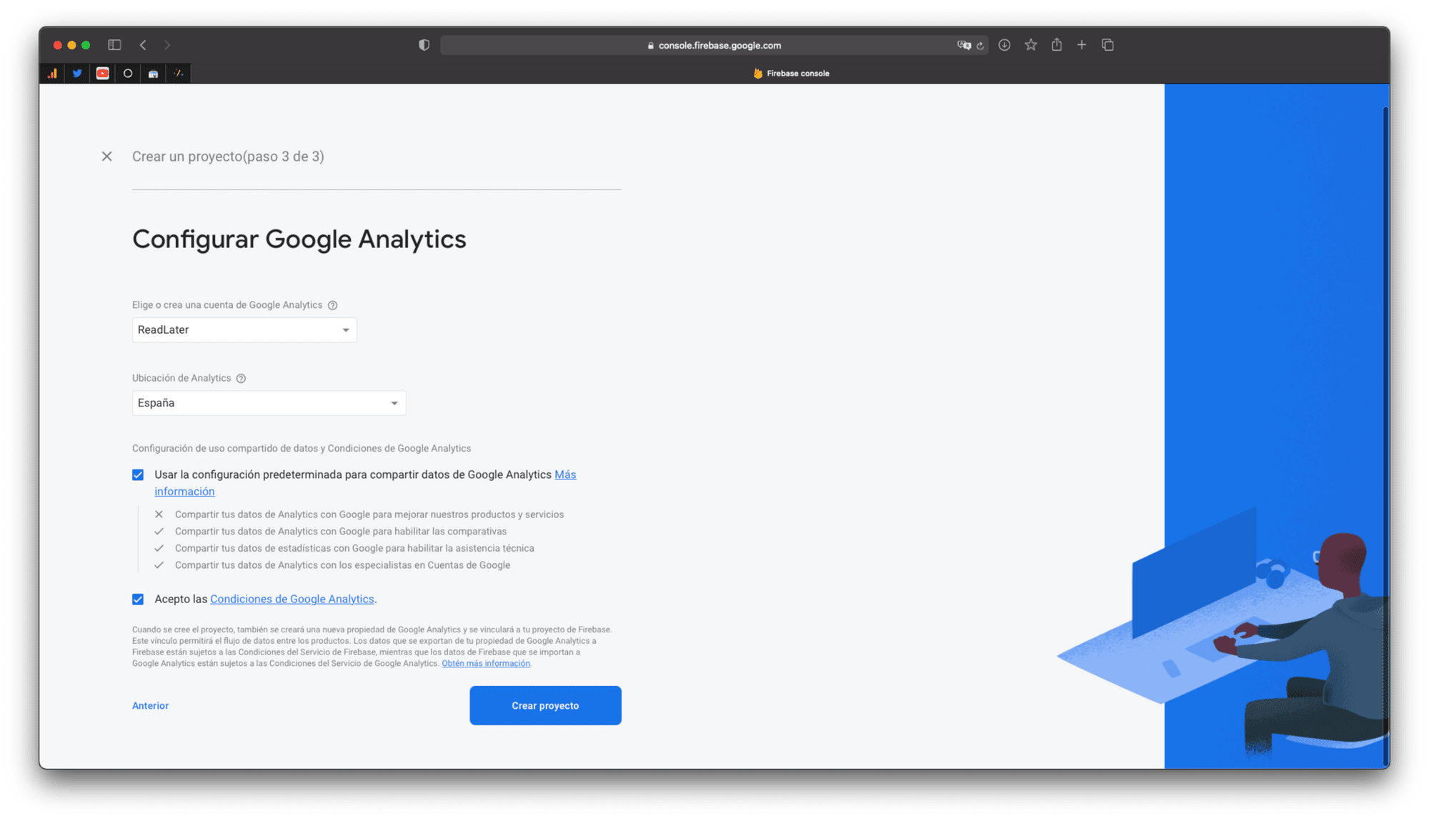 Acabamos de configurar Google Analytics, indicamos país y marcamos las opciones obligatorias