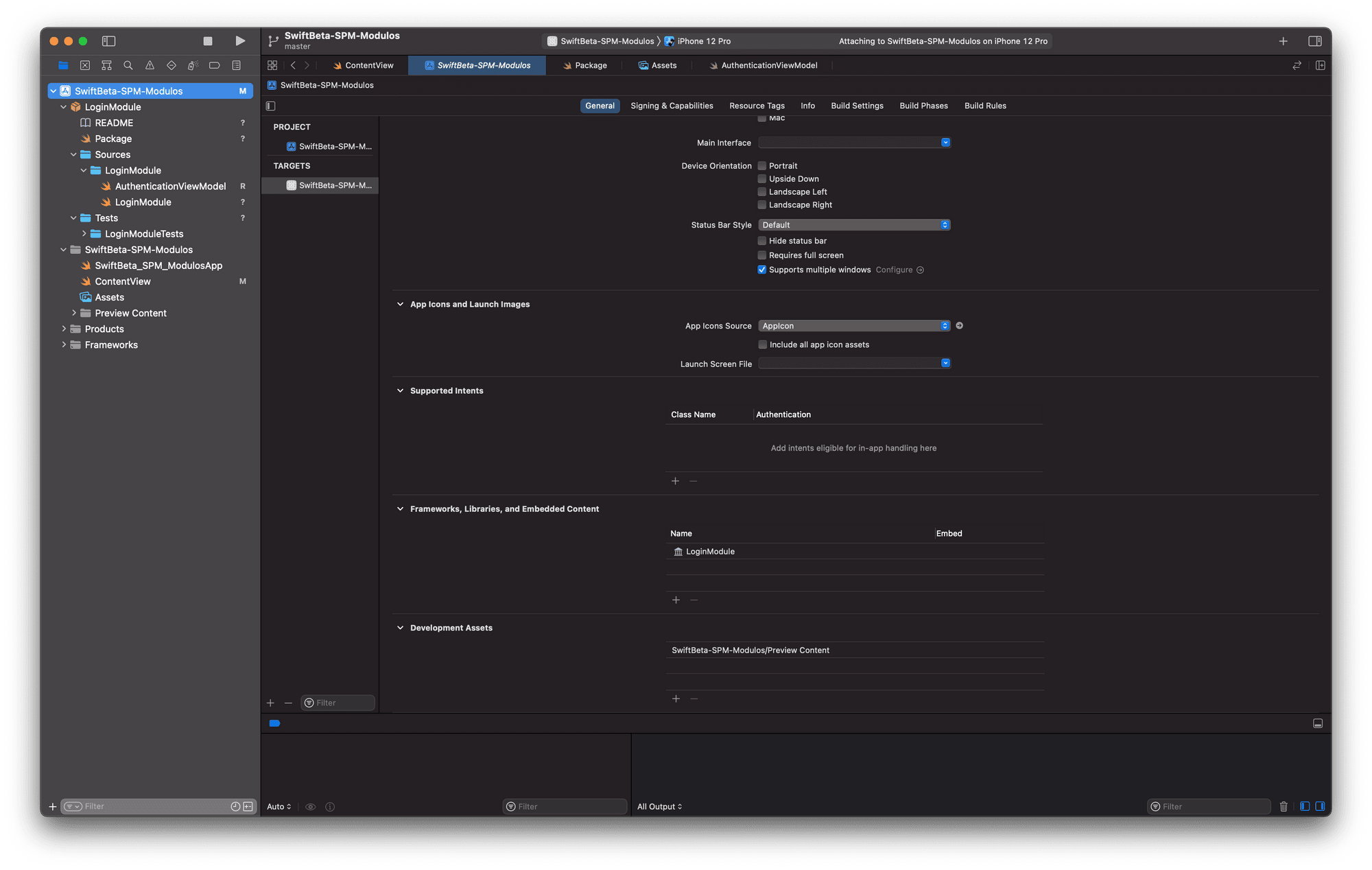 Importamos el módulo en Frameworks, Libraries and Embedded Content en Xcode