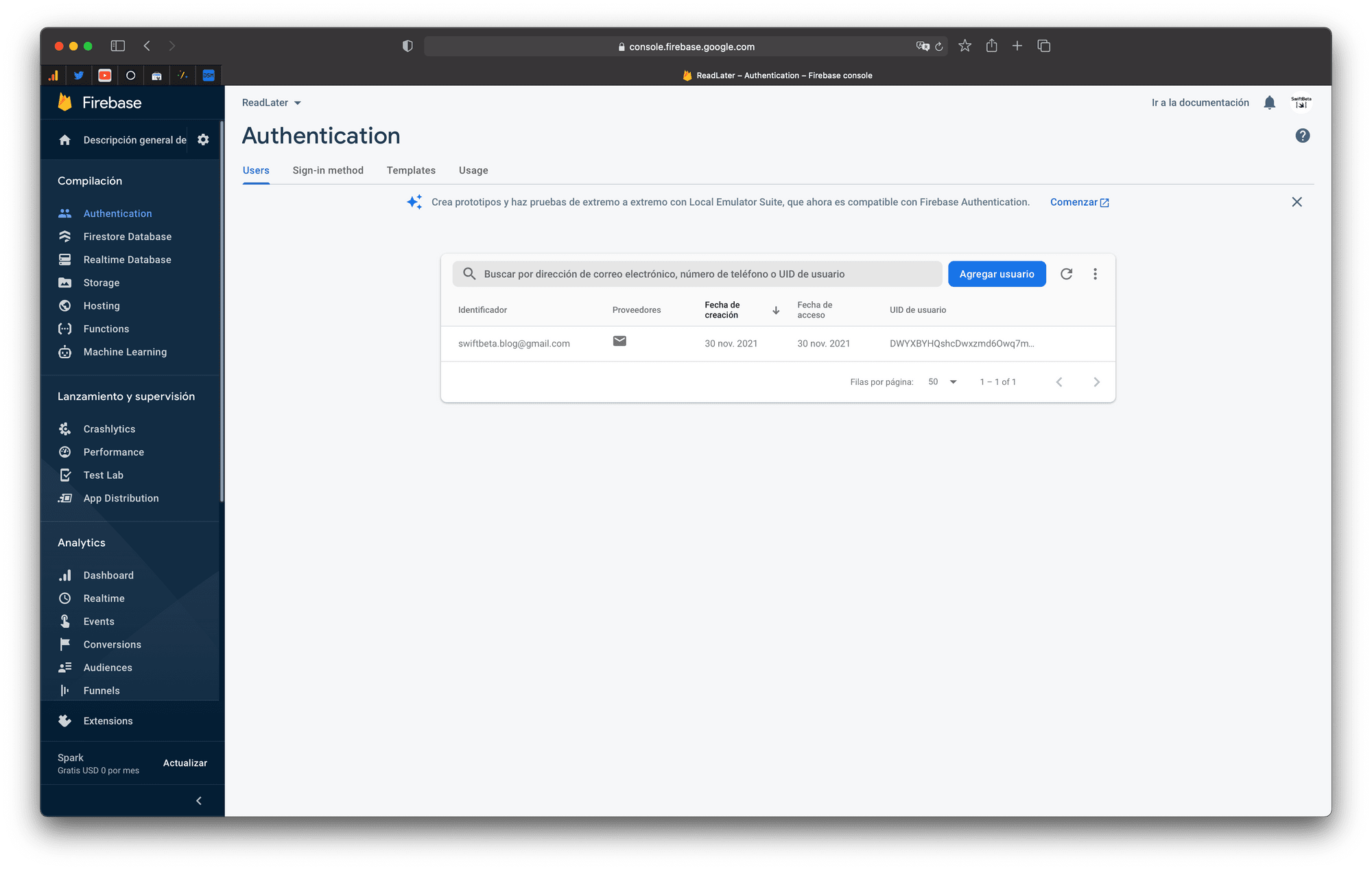 Comprobamos que tenemos nuestro user registrado en Firebase (con Email y Password)