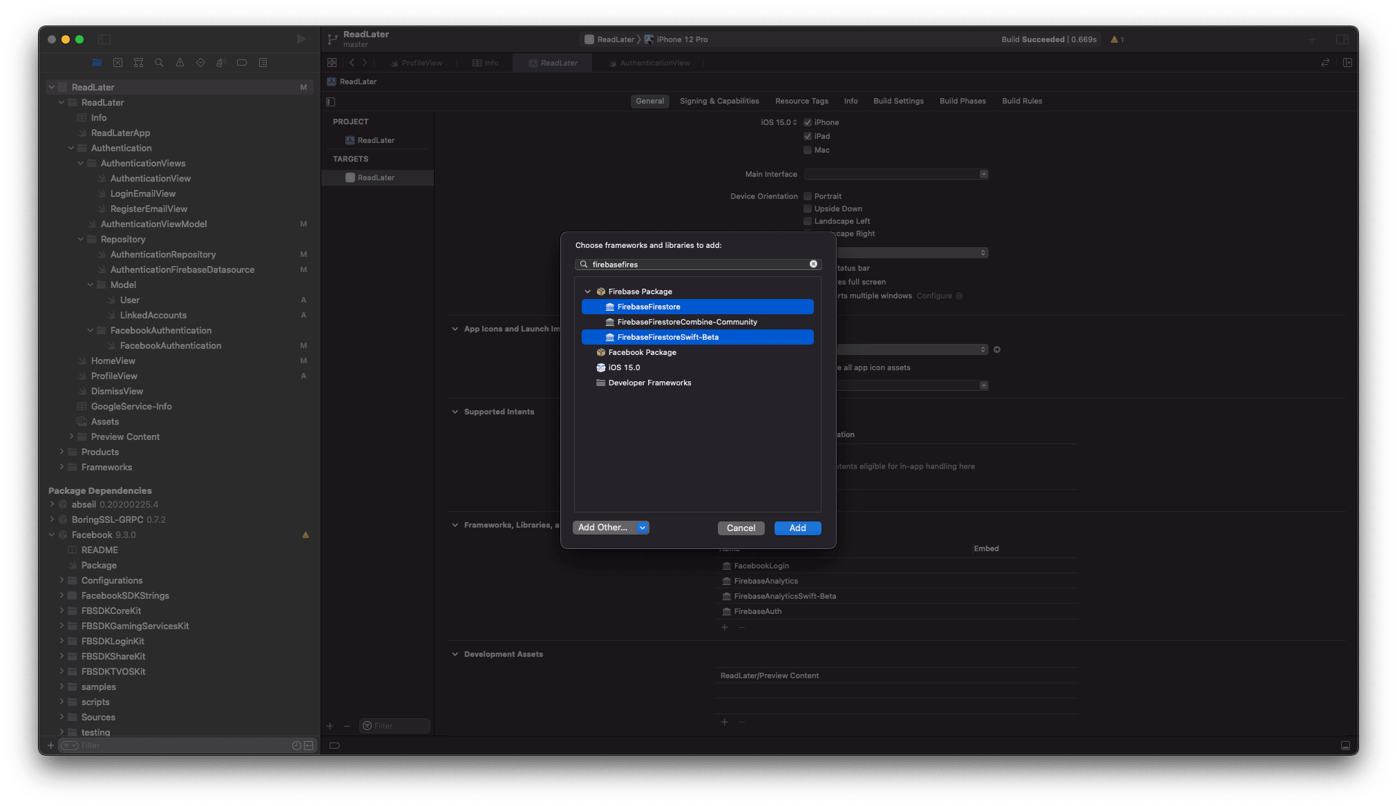 Integramos los frameworks de iOS necesarios en Xcode para conectarnos con nuestra base de datos Cloud Firestore en Firebase