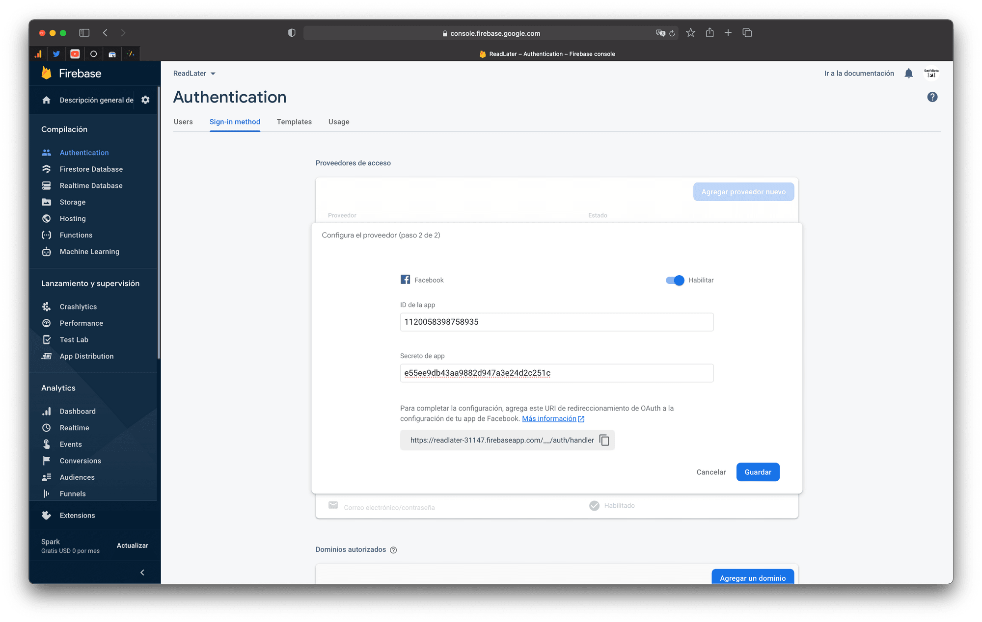 En Firebase añadimos la información de la App que acabamos de crear en Facebook Developers