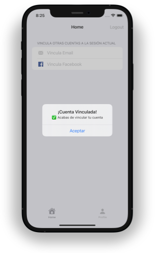 Alert mostrando que la cuenta de Facebook ha sido vinculada