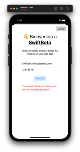 Error al intentar registrar una cuenta con el mismo Email de un user préviamente creado con Facebook