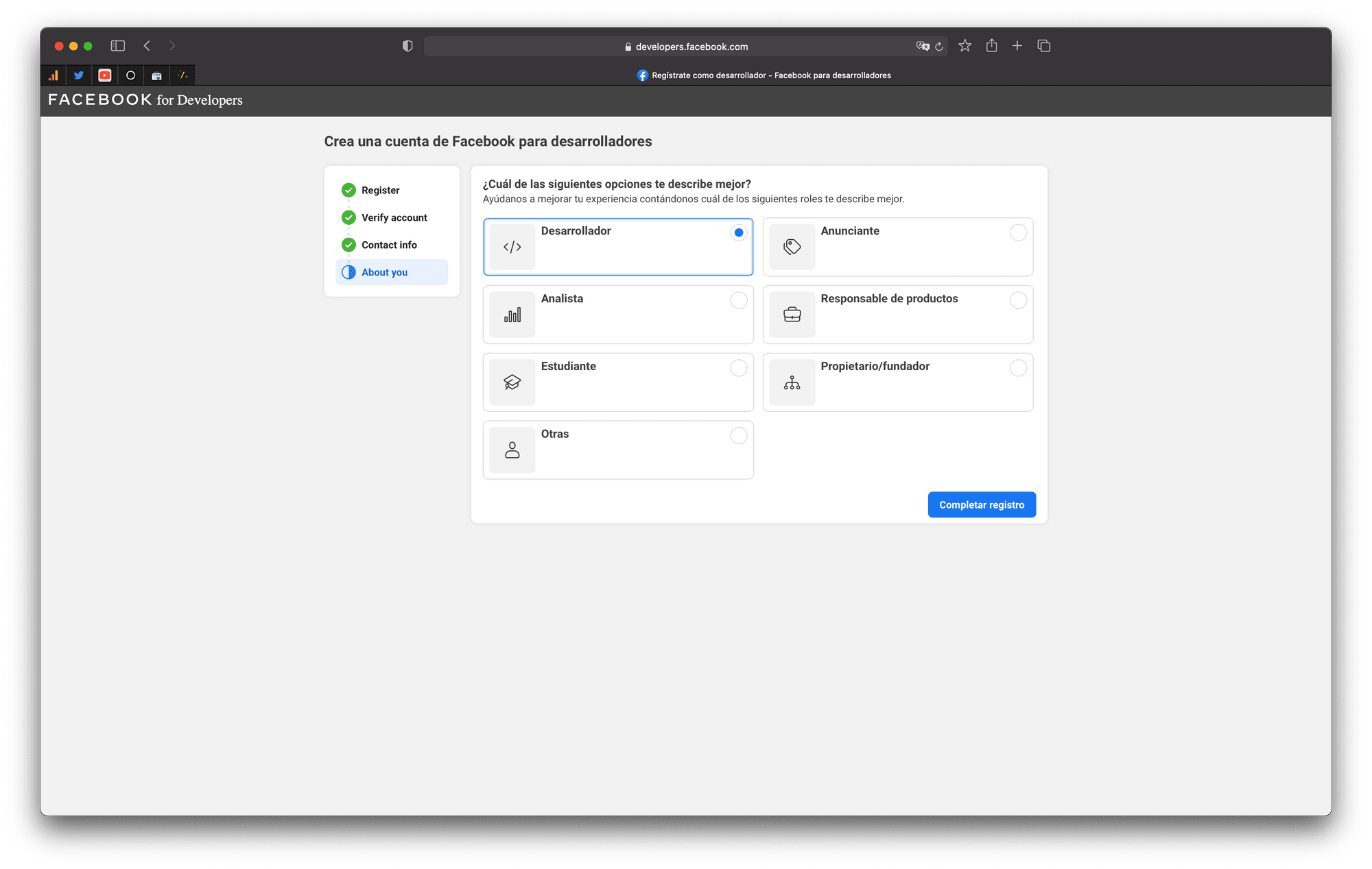 Como último paso seleccionams que somos Desarrolladores