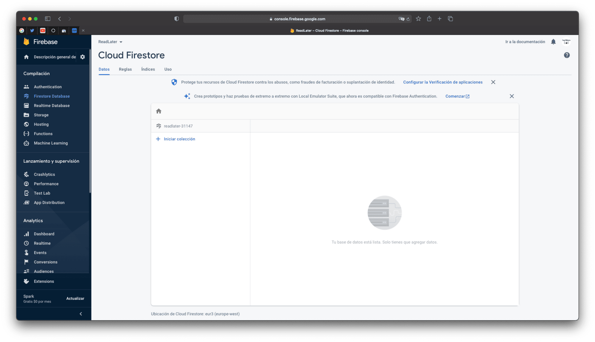 Base de datos Cloud Firestore completamente vacía