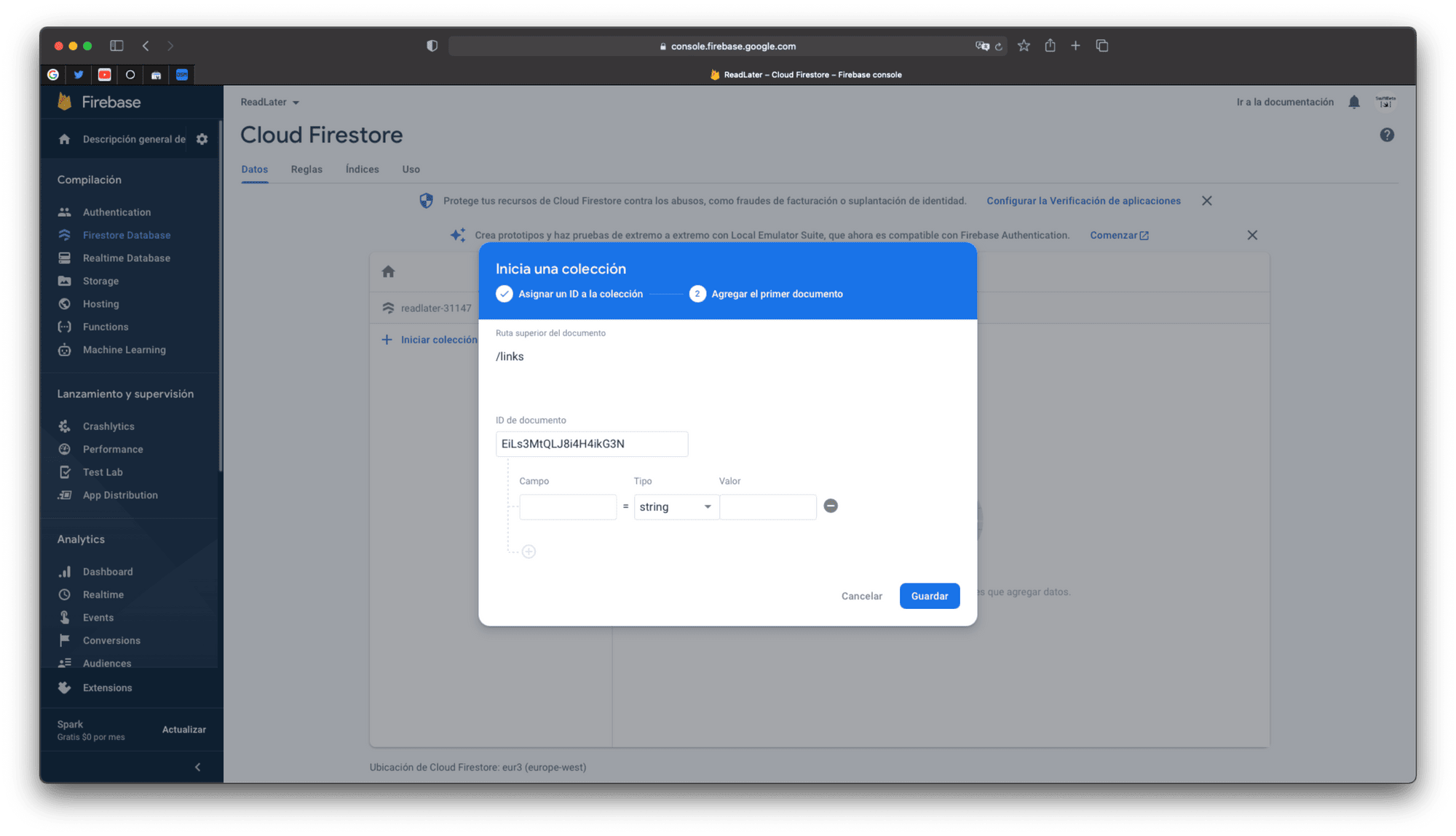 Generamos nuestro primer ID de documento para crear nuestros primeros datos en la base de datos