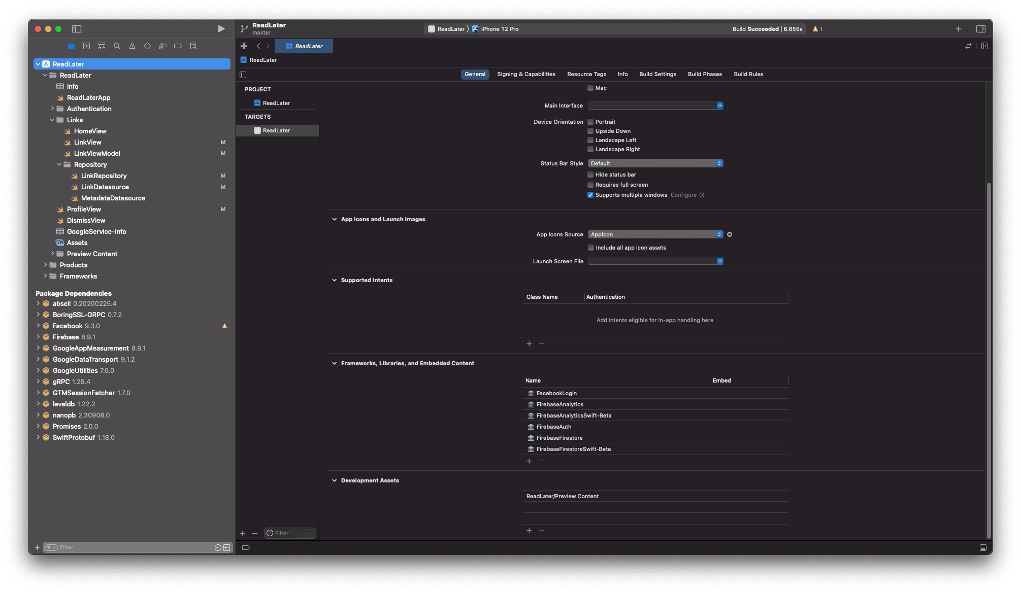 Añadimos en la sección Frameworks de Xcode el framework FirebaseAnalytics