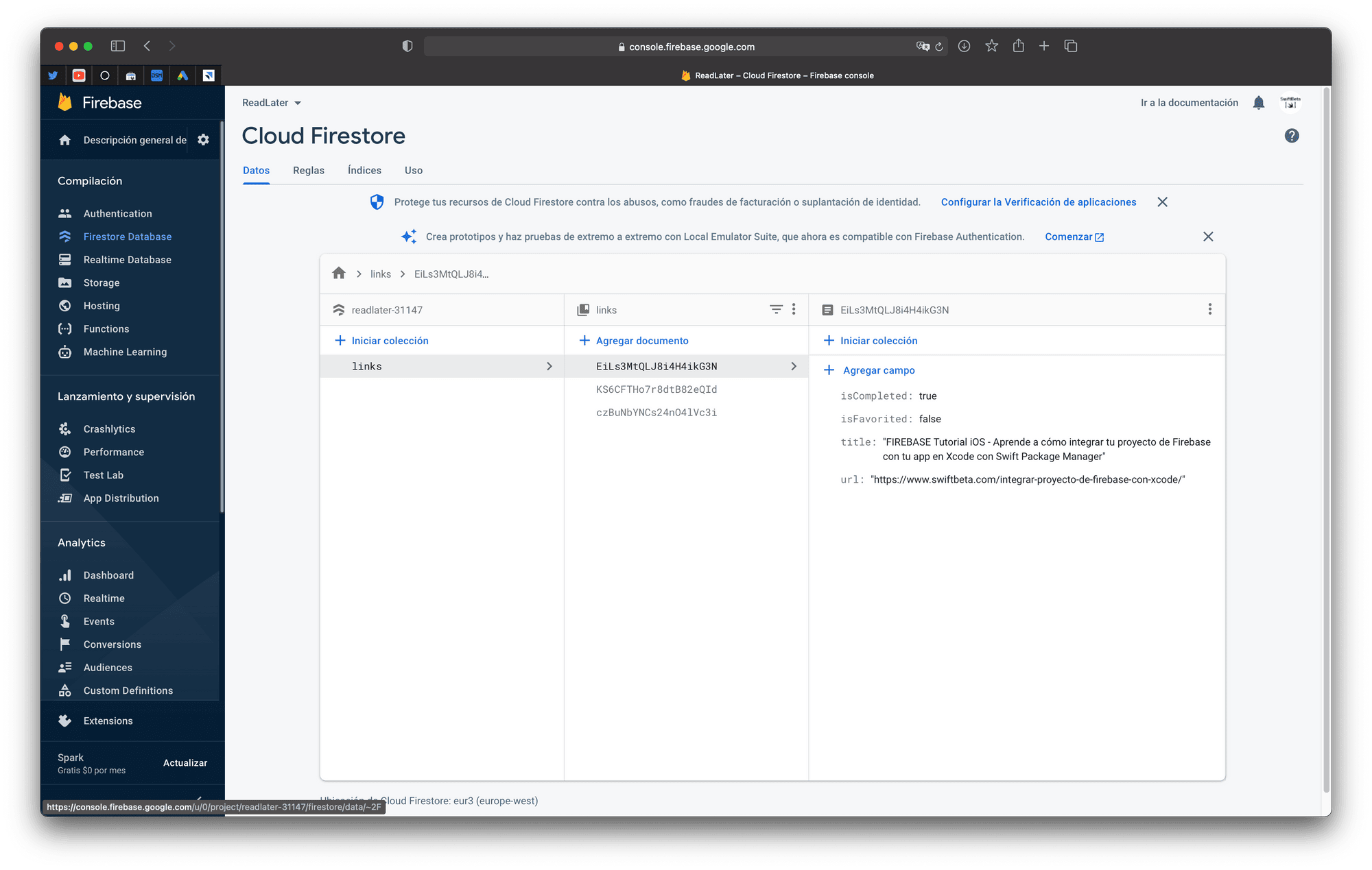 Base de datos Cloud Firestore con información (en nuestro caso son modelos de enlaces LinkModel)