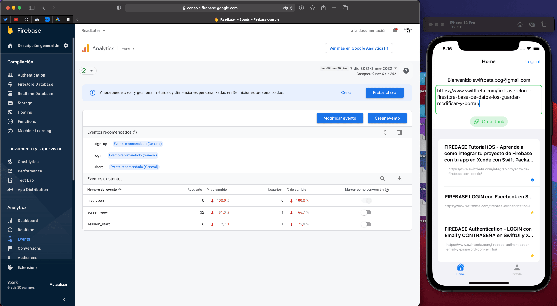 Trackeamos desde el simulador y comprobamos que recibimos el evento en Firebase