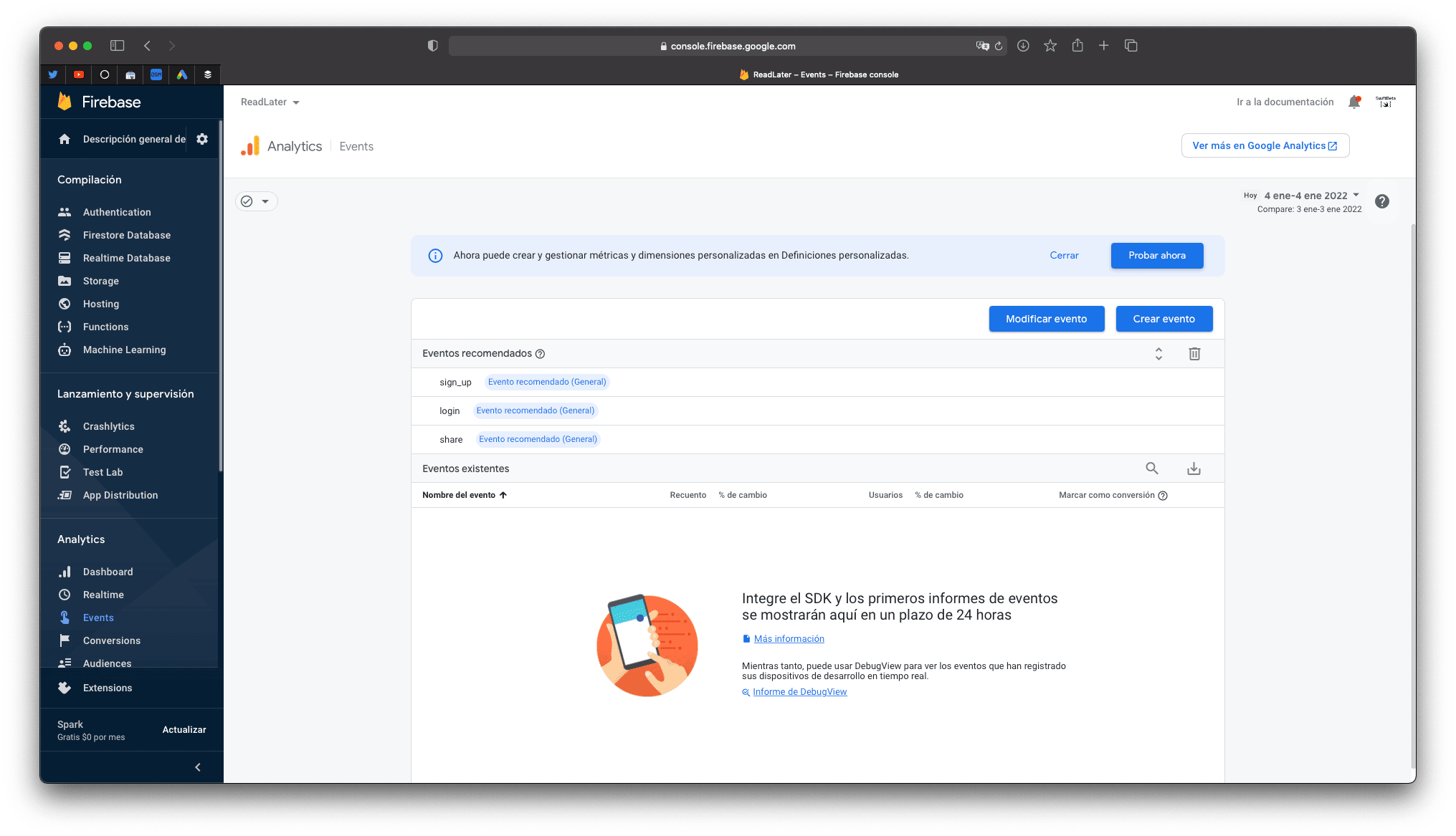Tenemos que esperar un máximo de 24 horas para poder ver los eventos en Firebase