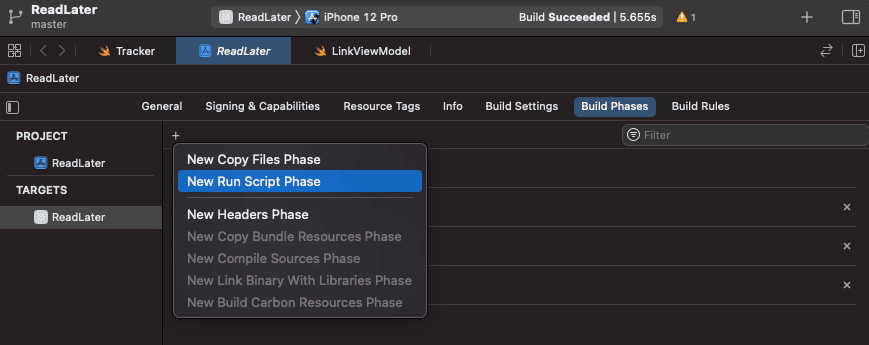 Creamos un nuevo build phase llamado New Run Script Phase