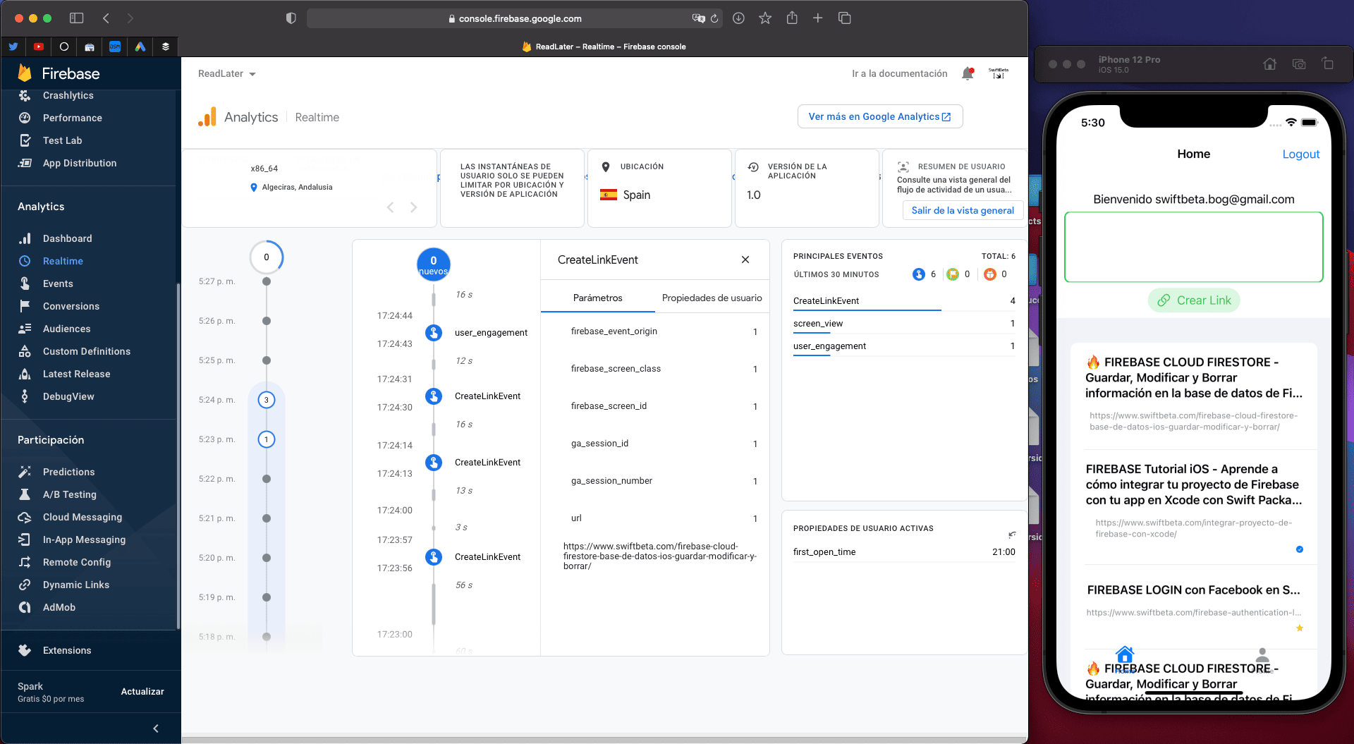 Aquí aparecen también los parámetros que hemos enviado dentro de nuestro evento de Firebase