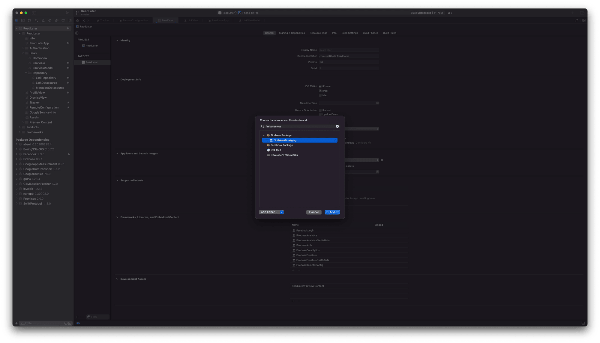 Añadimos el Framework FirebaseMessaging a Xcode