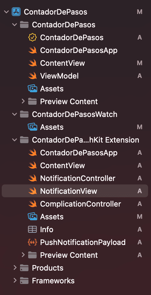 En el listado de ficheros de Xcode vemos que han aparecido de nuevos al crear el target del Apple Watch