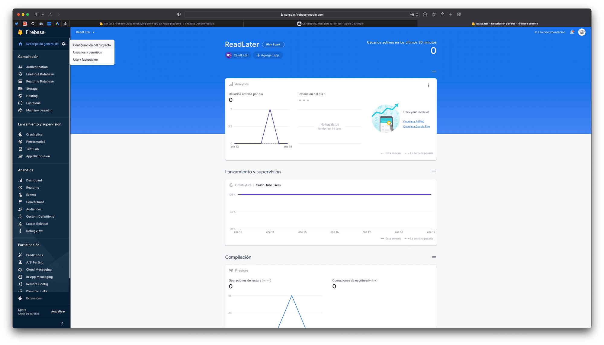 Vamos a Firebase y navegamos a Configuración del Proyecto