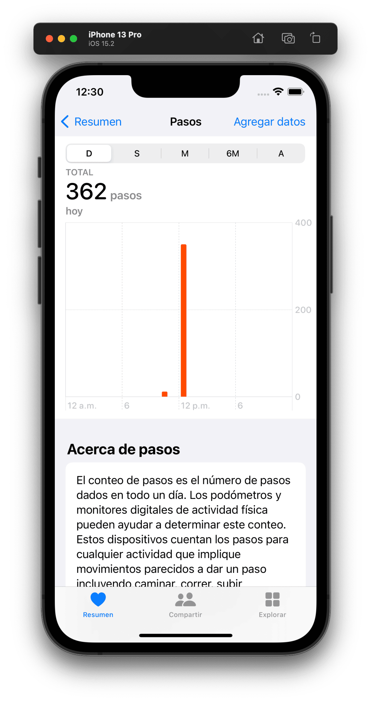 Al usar el simulador, añadimos los pasos de forma manual en la app Salud