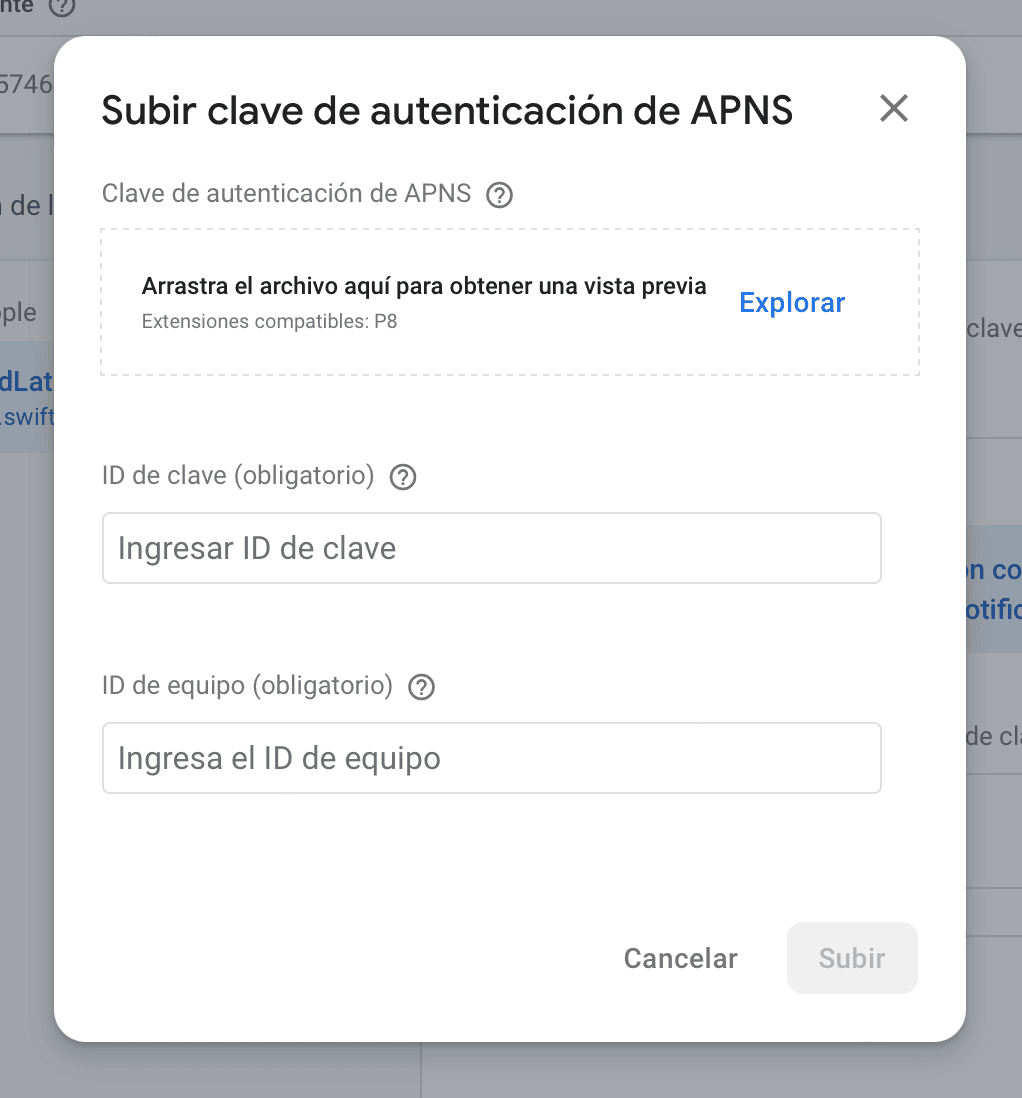 Subimos la clave de autenticación de APNS y añadimos la información necesaria en el formulario