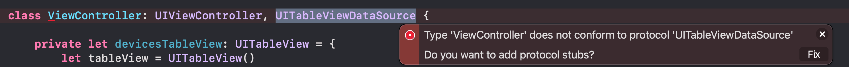 Error al intentar conformar UITableViewDataSource en nuestro ViewController