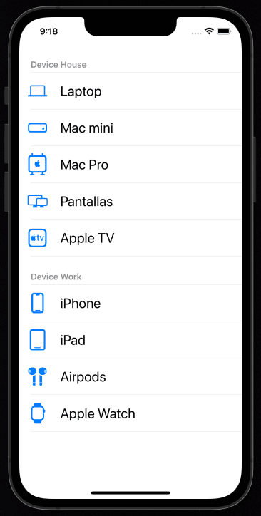 Simulador muestra diferentes secciones en nuestra UITableView