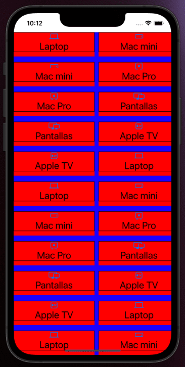 Simulador mostrando nuestro UICollectionView con muchos más elementos