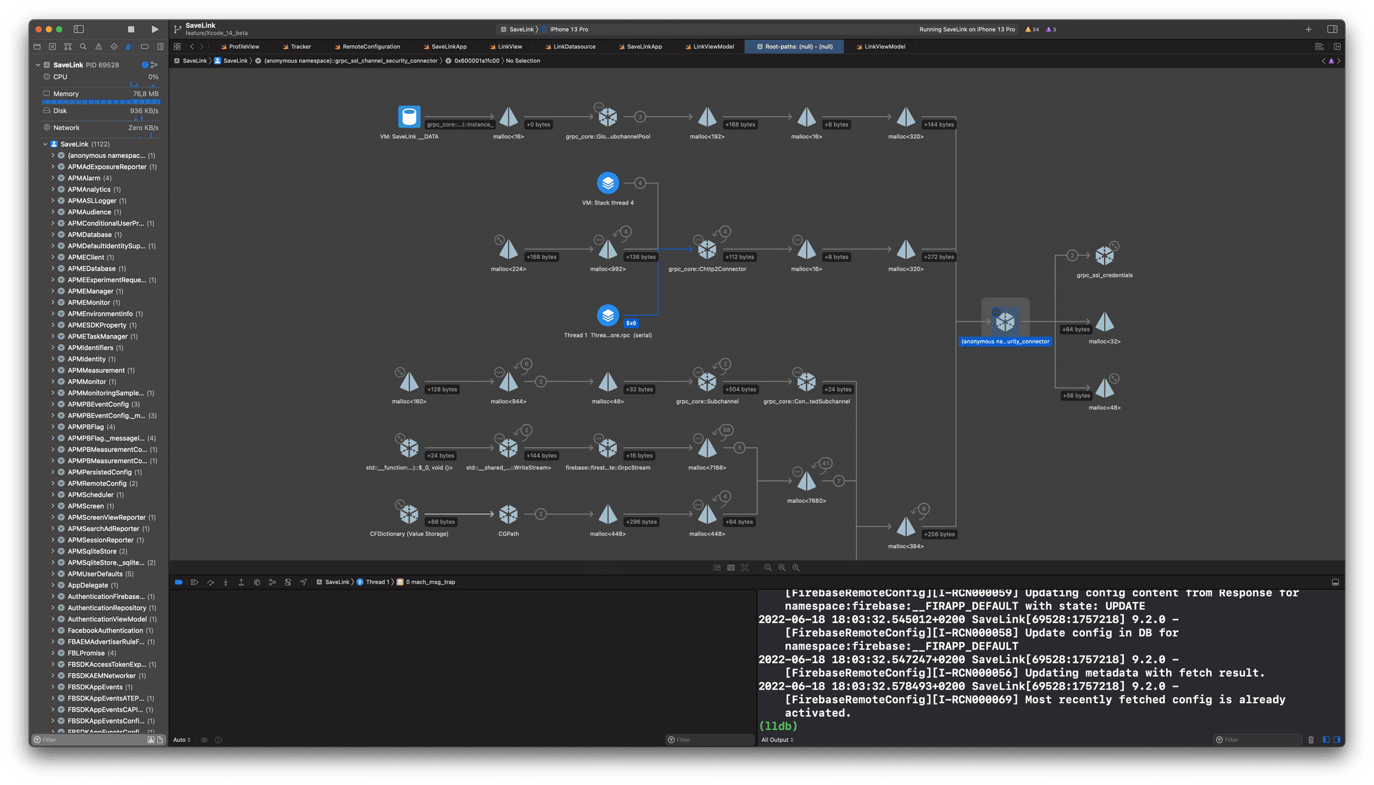 Debug memory graph en Xcode 14