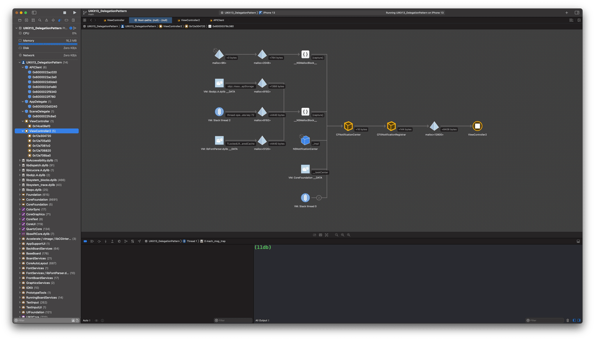 Grafo completo al pulsar en Debug Memory Graph (herramienta de Xcode)