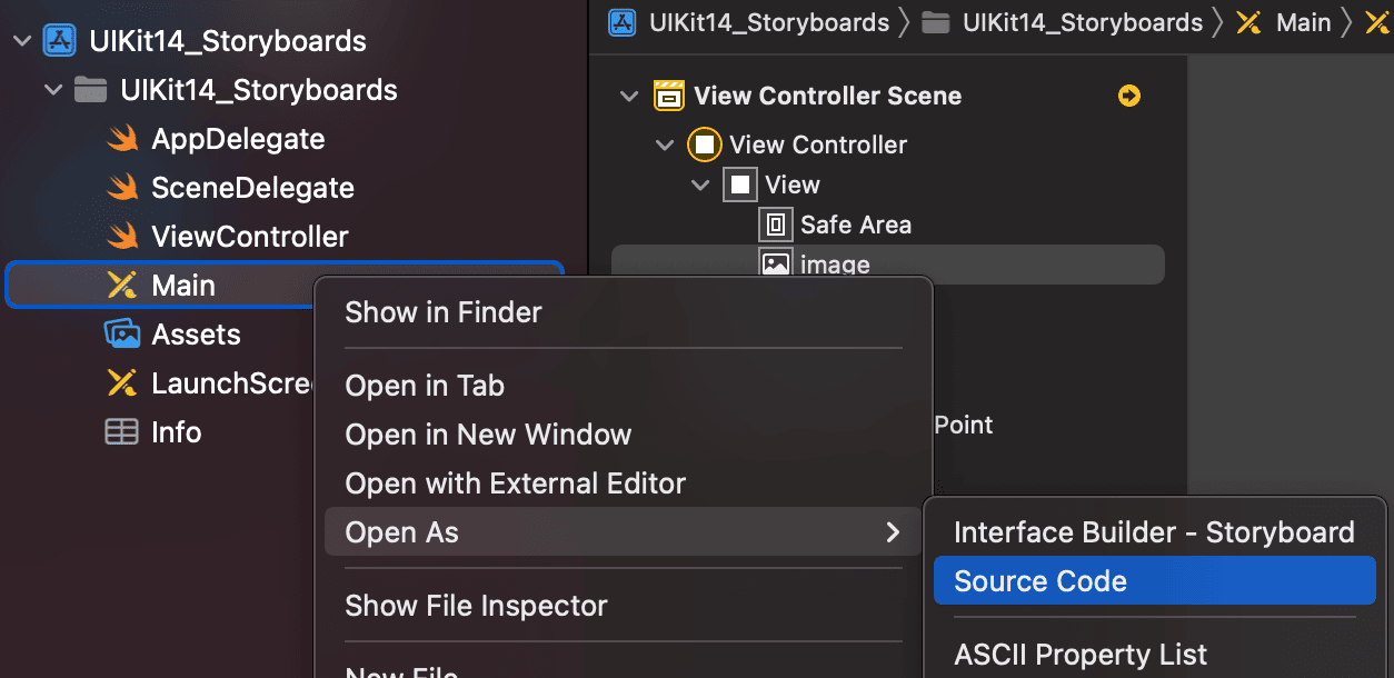 Abrimos el Storyboard en formato Source Code