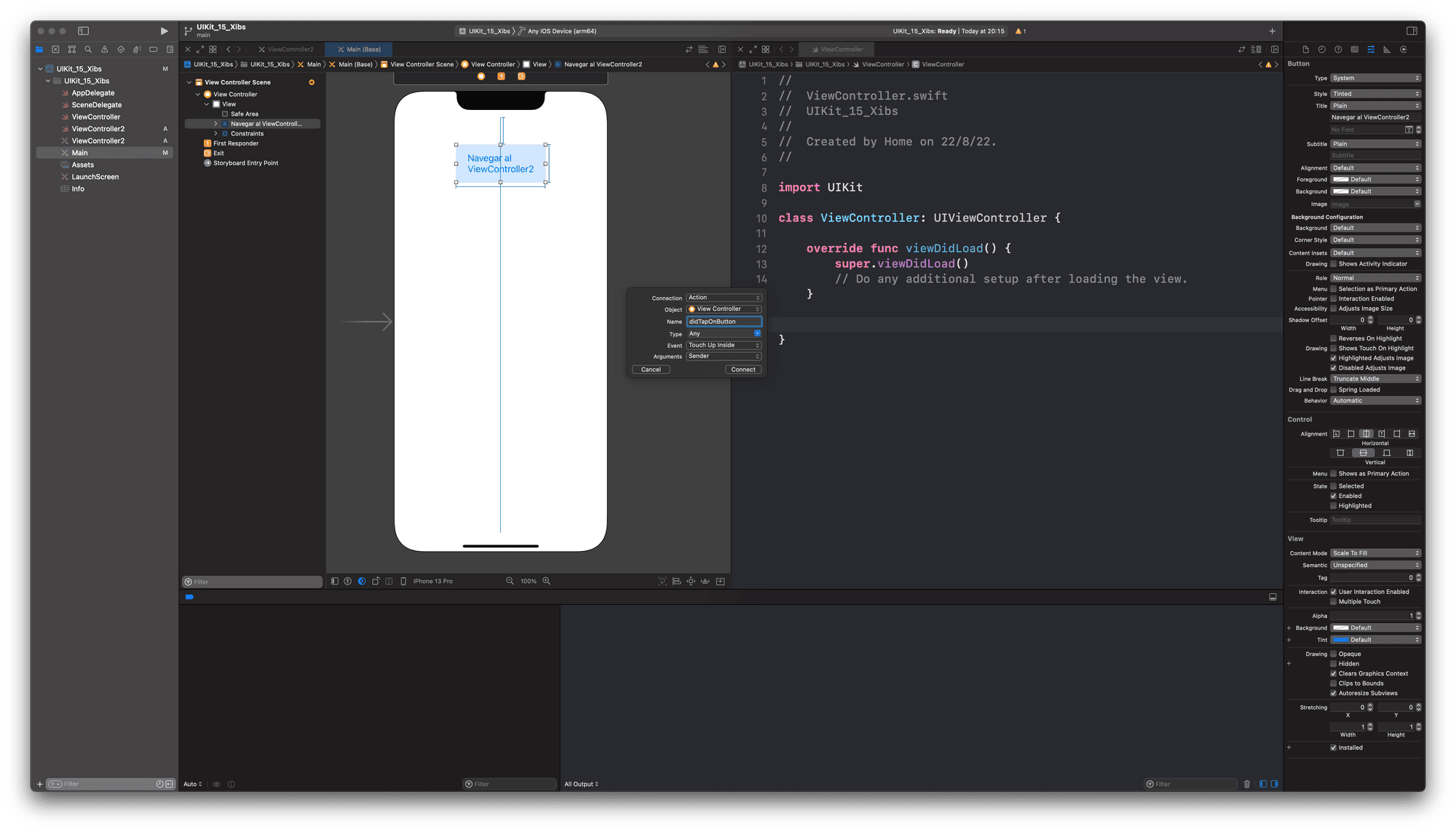 Conectamos el UIButton del Storyboard con nuestro código del ViewController