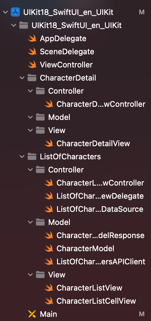 Listado de ficheros de nuestra app de ejemplo en Xcode