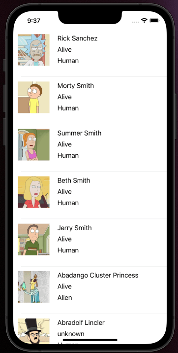 Simulador de Xcode mostrando todos los personajes de la serie Rick and Morty